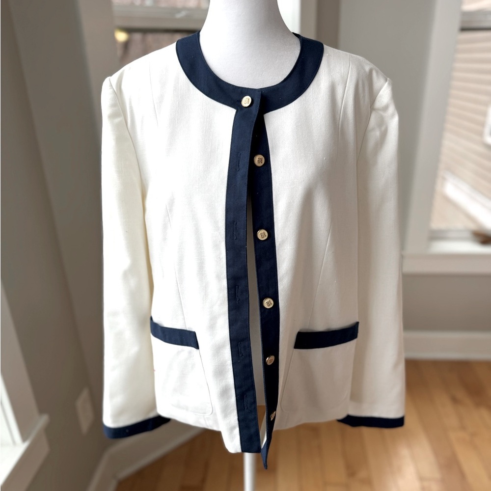 Vintage R&K Originals White Royal Blue Lady Jacket Blazer Fits Size Medium